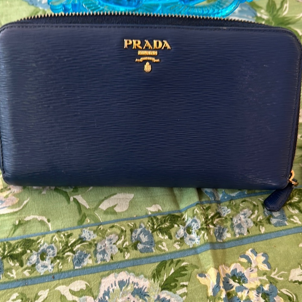 Prada Textured Blue Wallet with Gold Logo